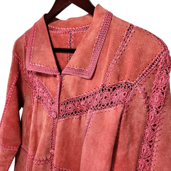 Jackets & Blazers - Vintage Suede Crochet Patchwork Jacket XL Boho Western Pink Coral Button Front